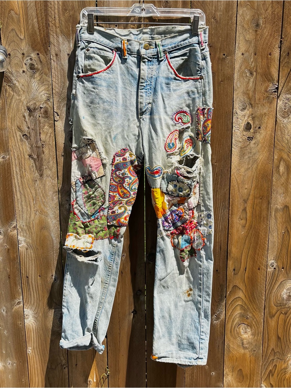 Rare Lee Riders High Rise Light Wash Distressed Multicolor Patchwork Jeans